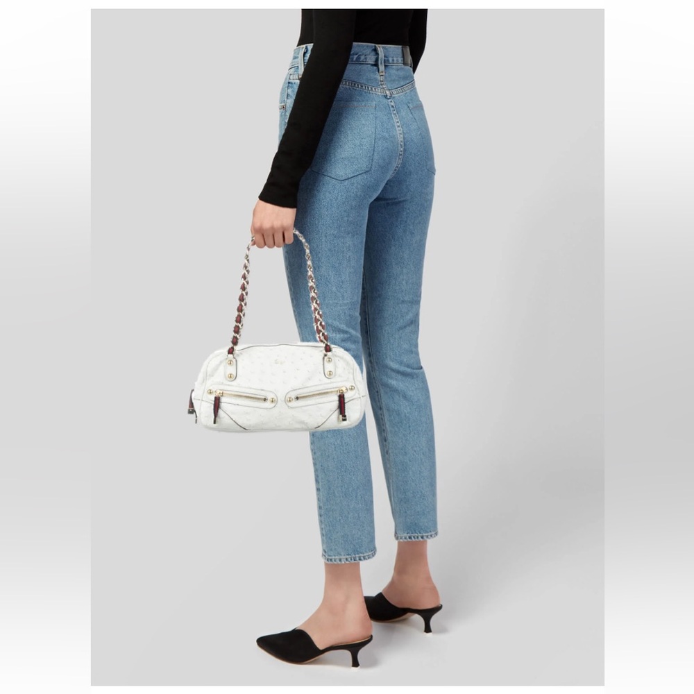 Gucci White Ostrich Leather Capri Bowler Handbag Signature Stripe Gold Hardware